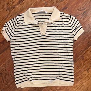 Zara Cream and Black Striped Polo Shirt